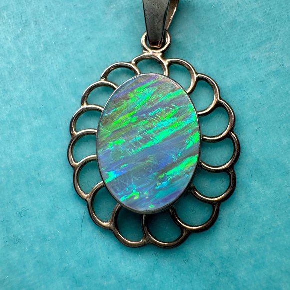 950 PURE STAMPED MEX SILVER Jewelry Opal Genuine Vibrant Bluegreen 95 Stamped Silver Vtg